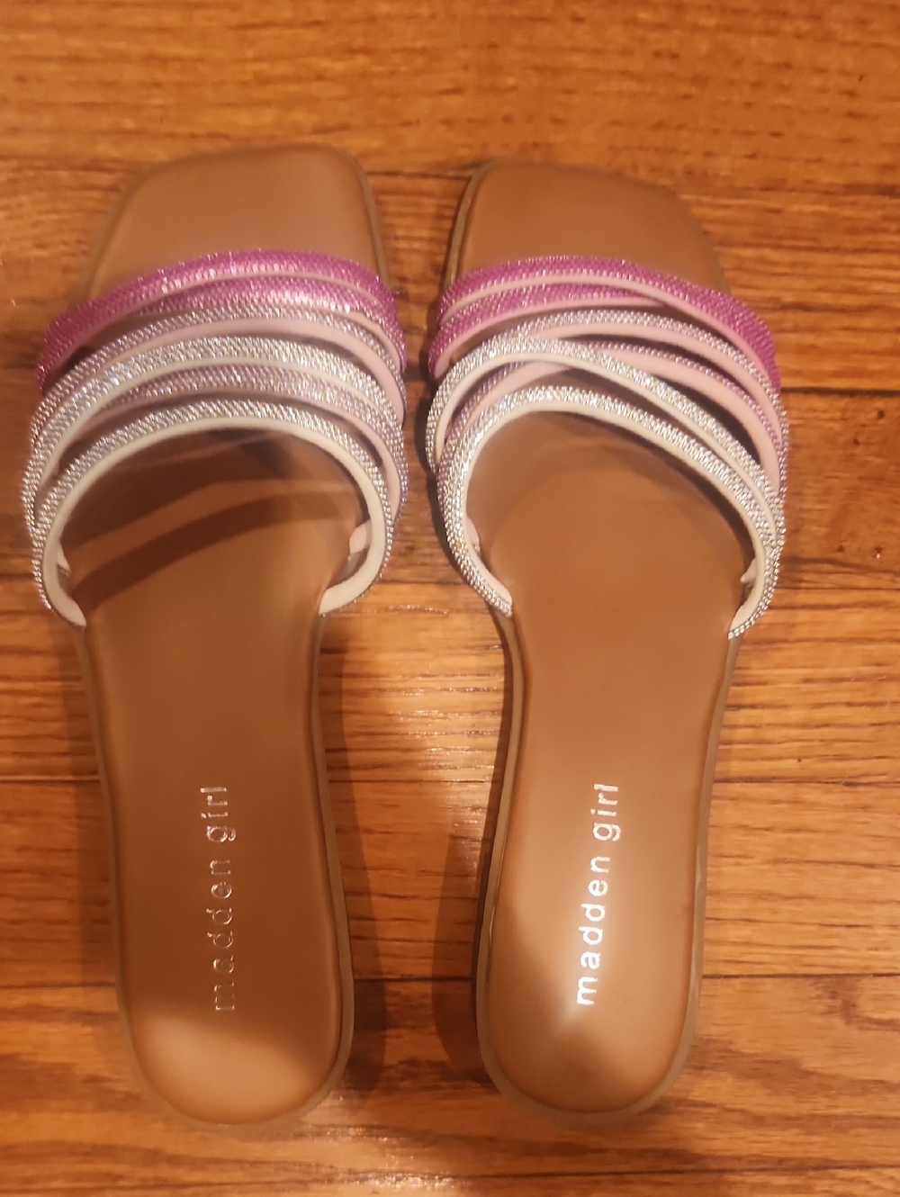 Madden Girl Pink and Silver Multi-Striped Slide Mules
